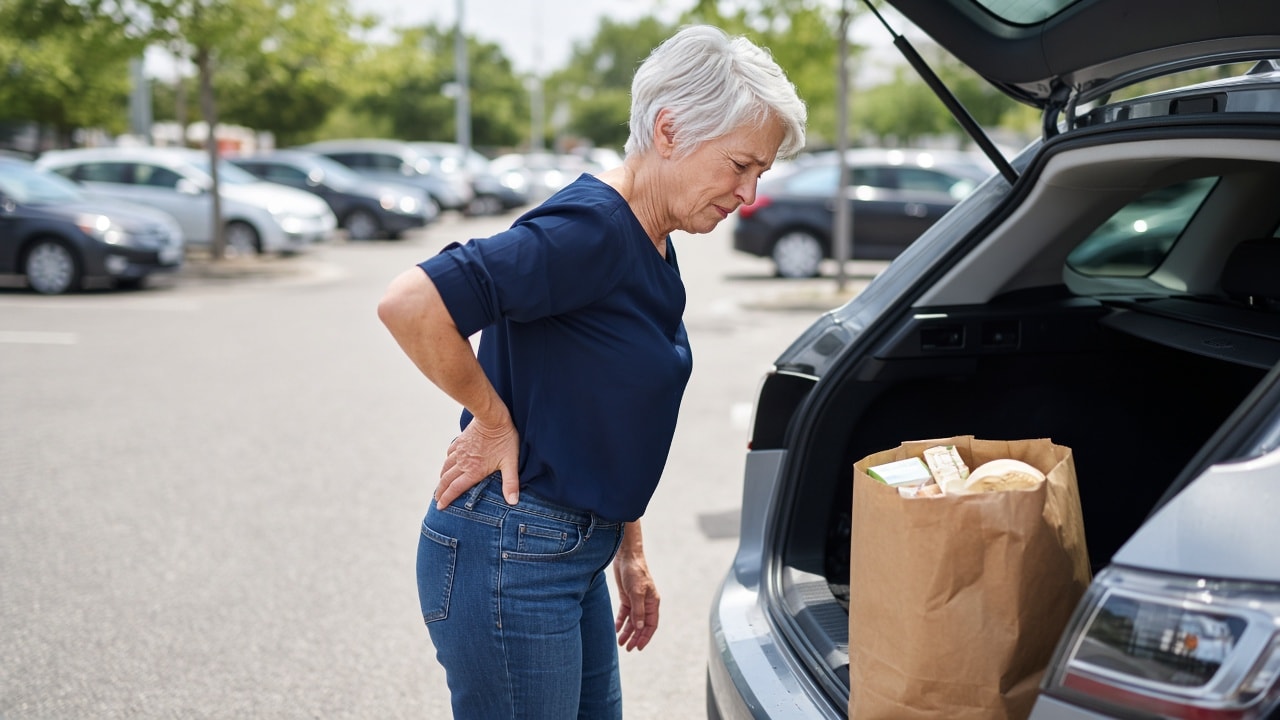 Woman holding her lower back while unloading groceries from a car