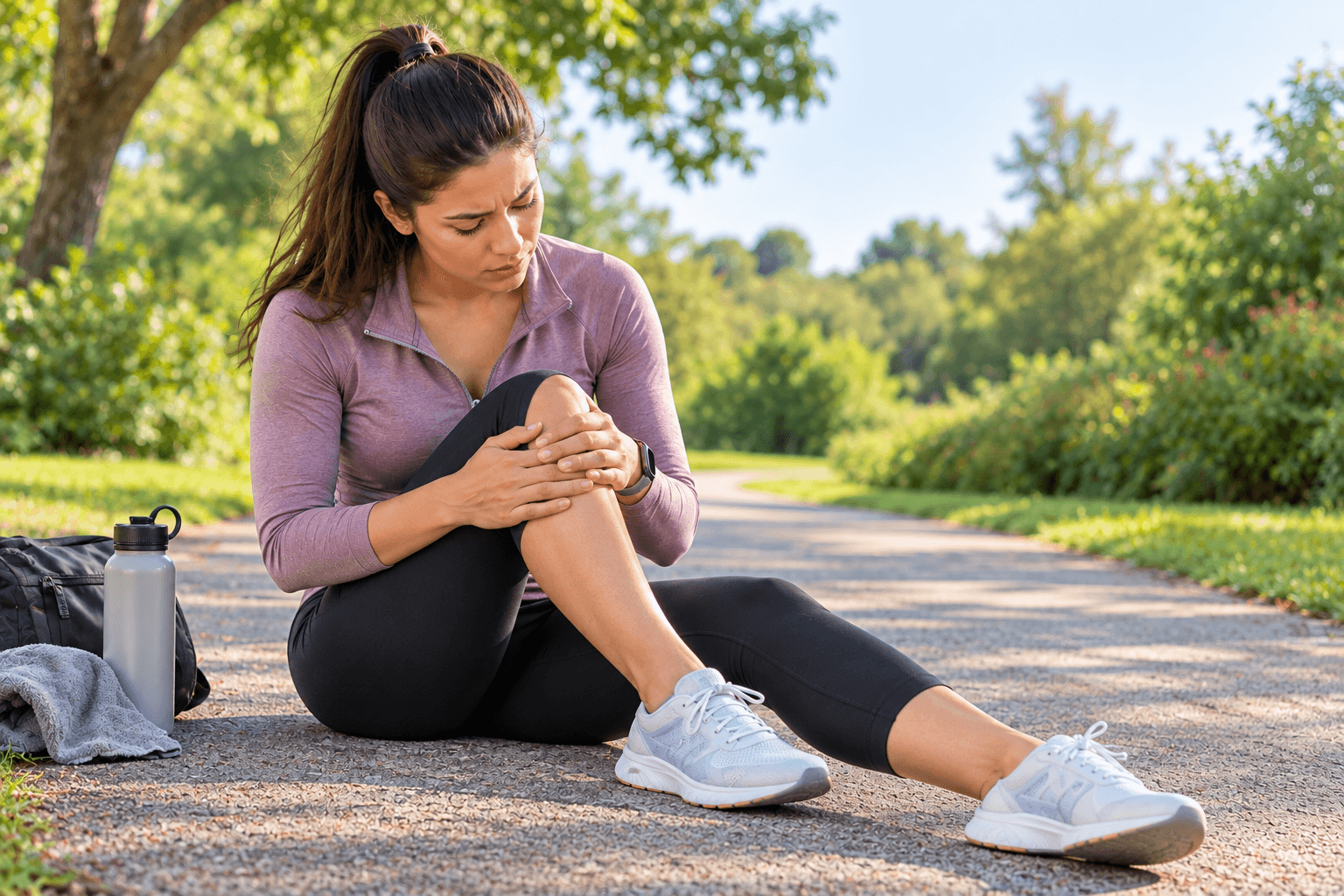 Woman sitting on a park path holding her knee after a workout