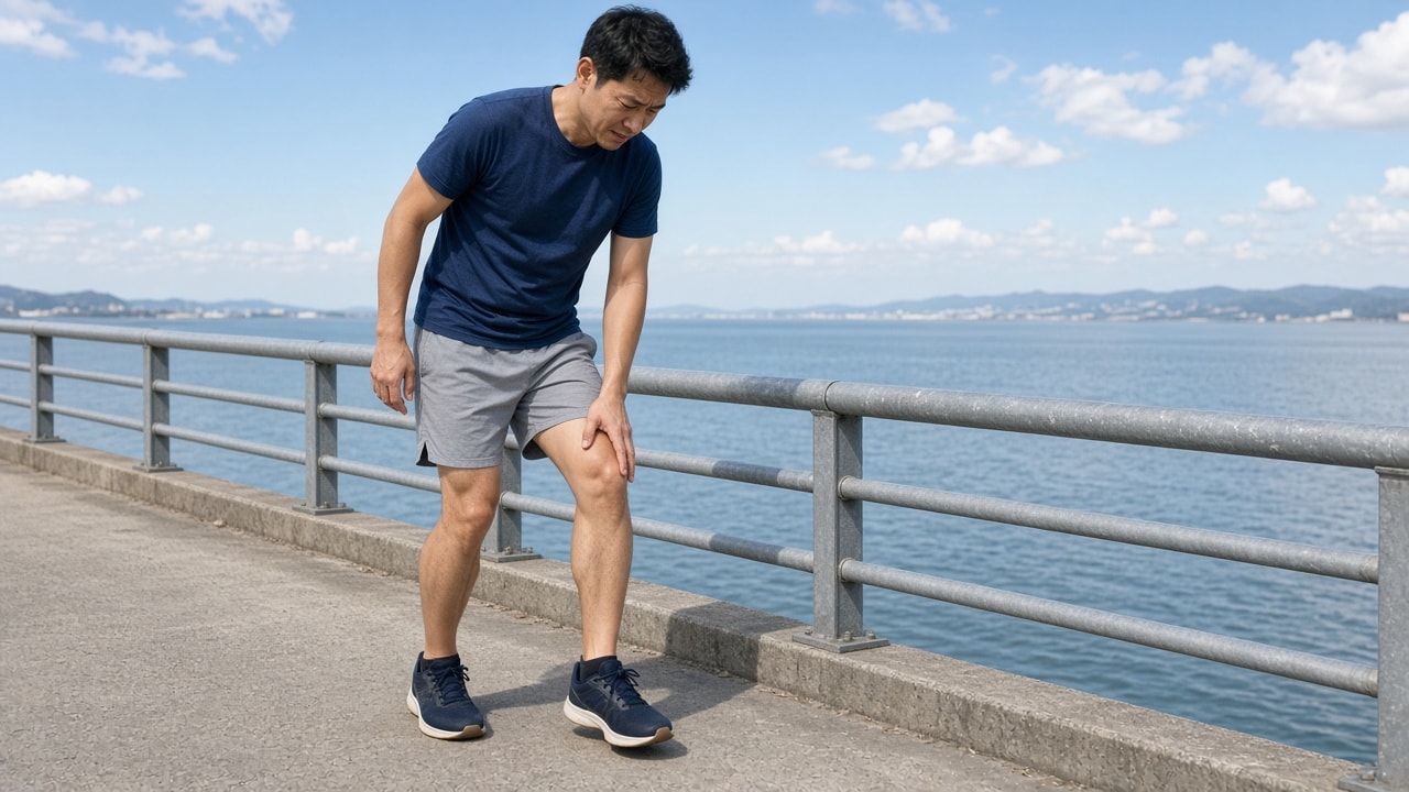 Runner standing on a bridge holding a painful knee