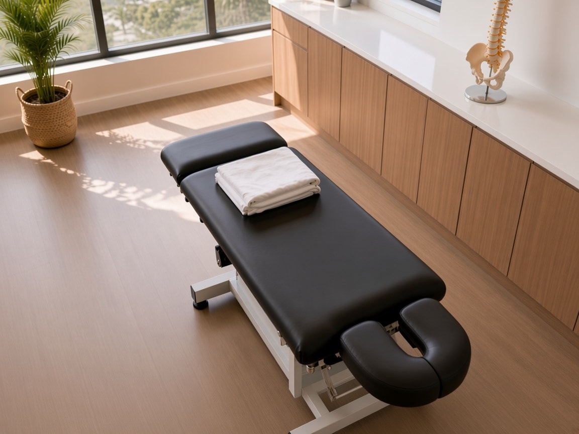 Bright empty chiropractic treatment room with adjustment table and spine model