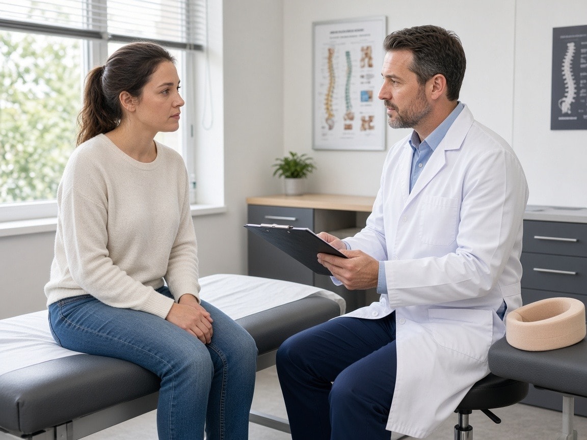 Post-accident clinic consult with cervical collar nearby
