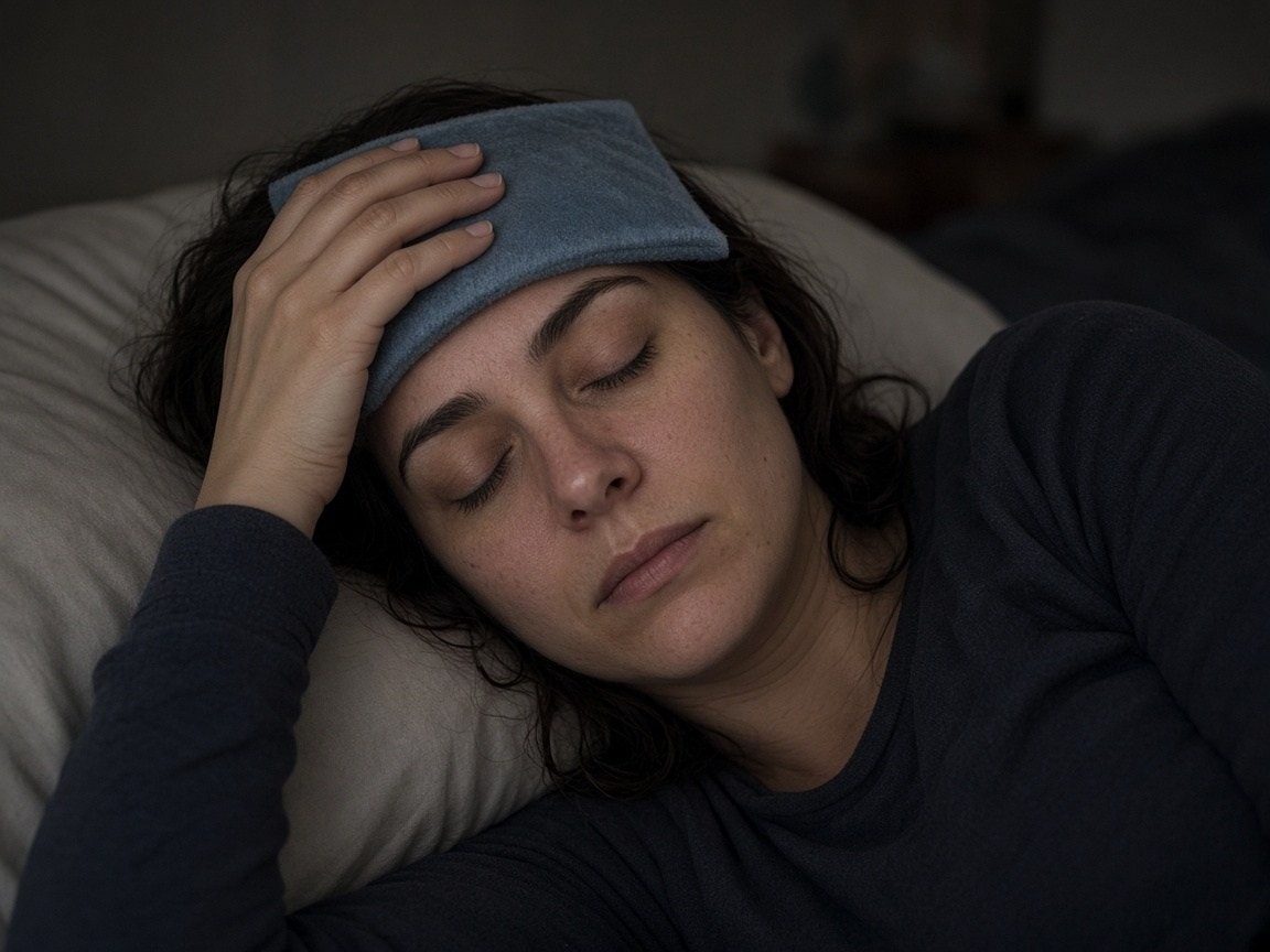 Patient resting with cold compress for migraine symptoms