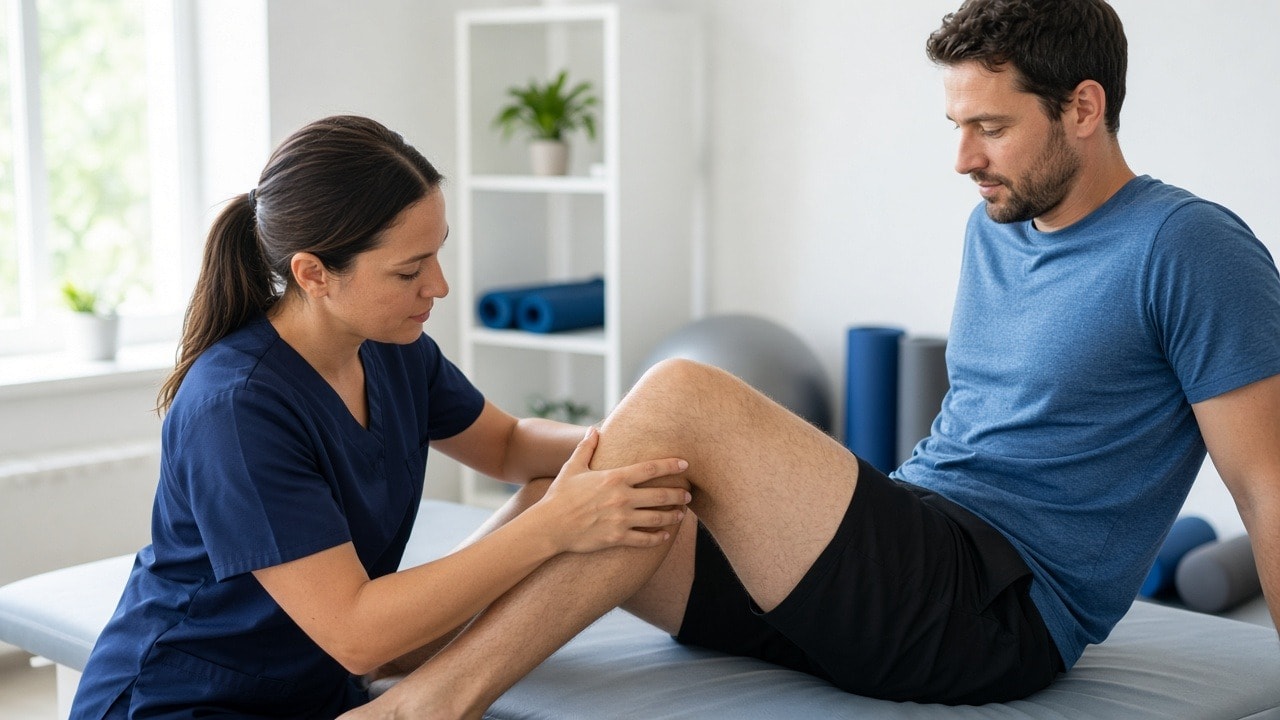 Therapist holding patient leg near knee