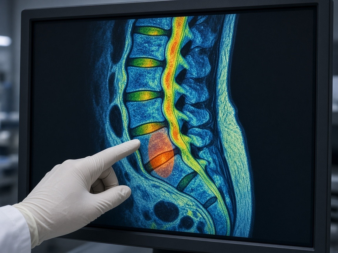 Colorized MRI of the spine highlighting soft-tissue injury