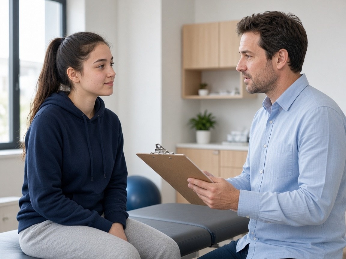 Clothed scoliosis consultation on exam table