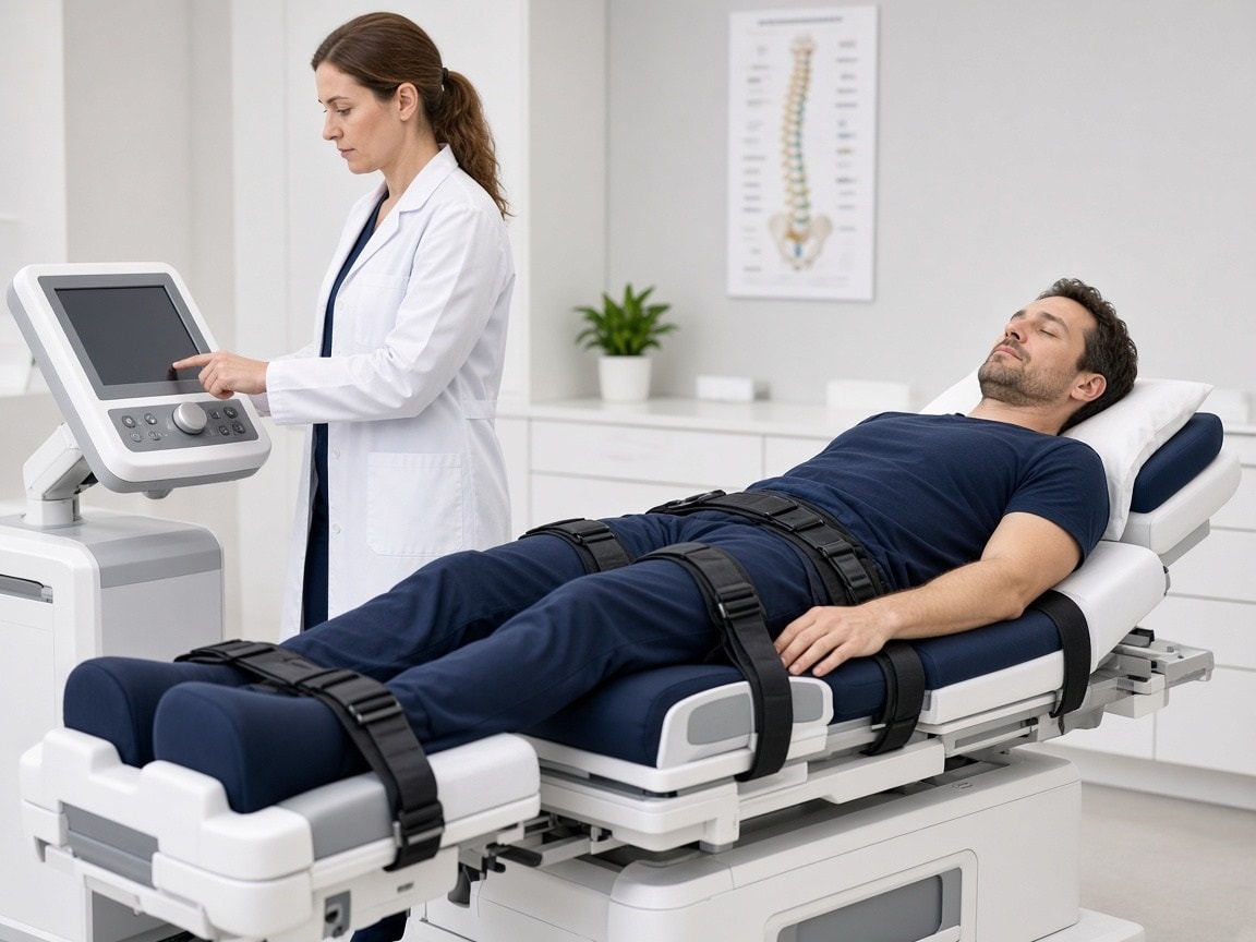 Patient on spinal decompression traction table