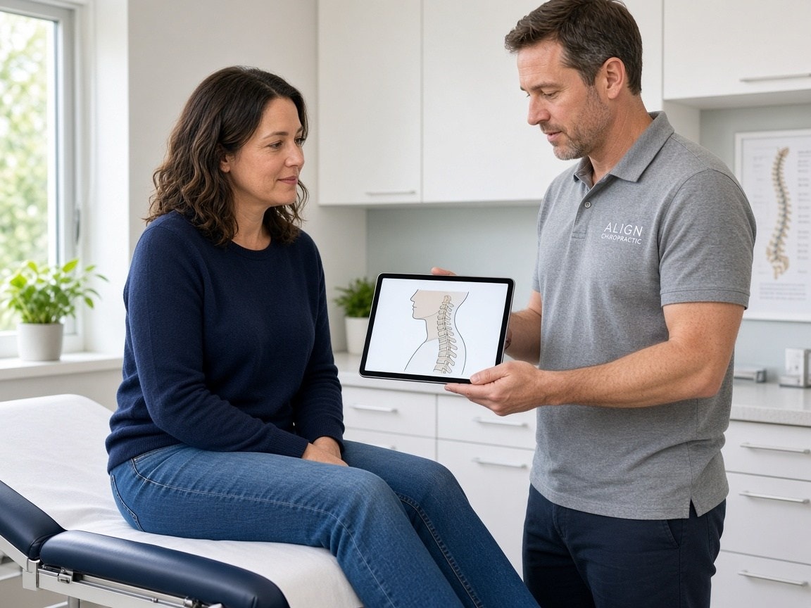 Clinician explaining cervical spine care after whiplash